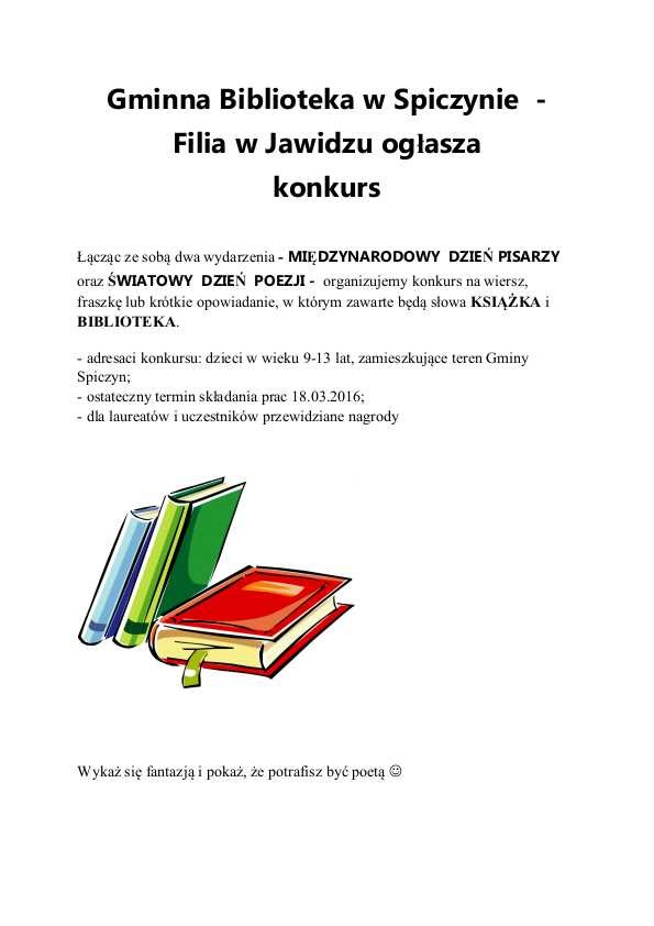 Gminna Biblioteka w Spiczynie - Filia w Jawidzu ogłasza konkurs — zdjęcie 1